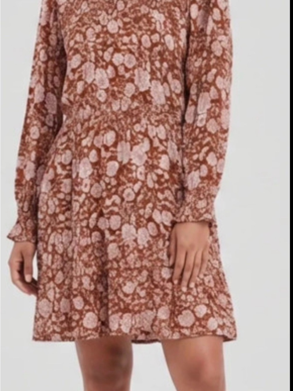 Knox Rose Floral Long-Sleeve Tiered Mini Dress - Brown Pink-M. Fall dress